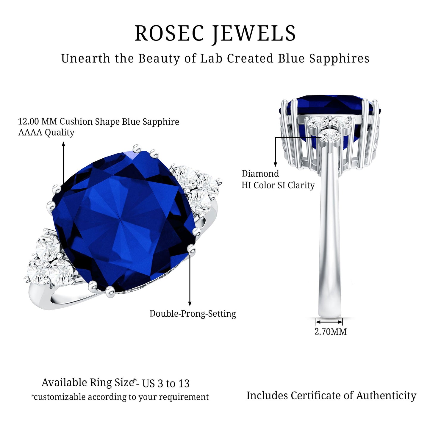 Certified 9 Carat Lab Grown Blue Sapphire Cushion Cut Engagement Ring with Diamond Trio