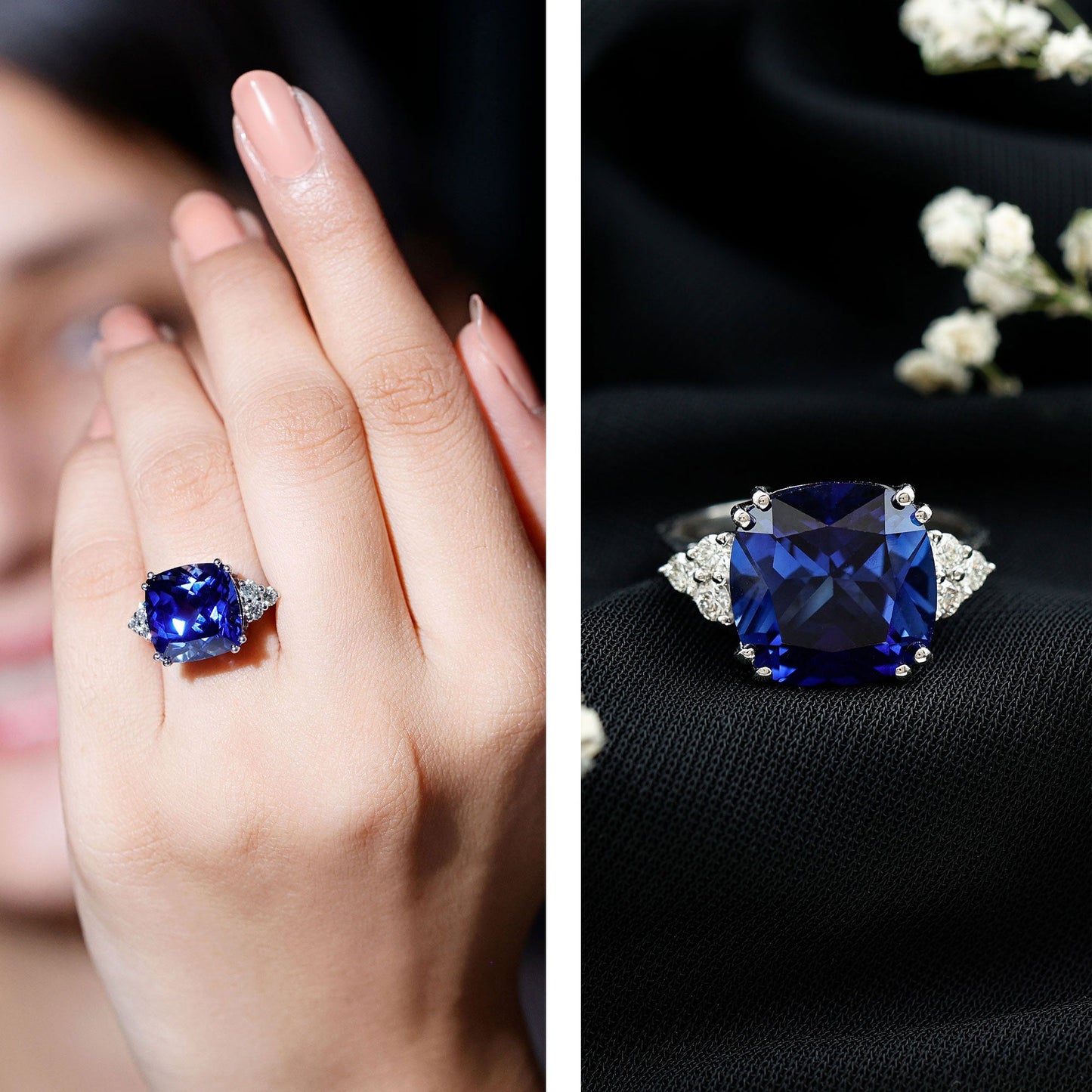 Certified 9 Carat Lab Grown Blue Sapphire Cushion Cut Engagement Ring with Diamond Trio