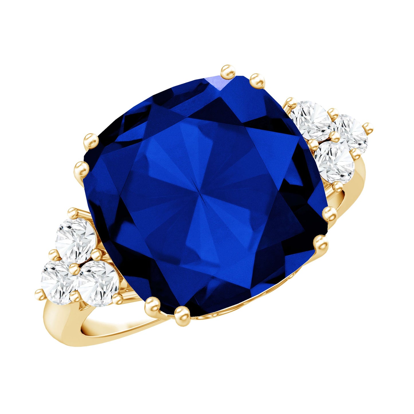 Certified 9 Carat Lab Grown Blue Sapphire Cushion Cut Engagement Ring with Diamond Trio