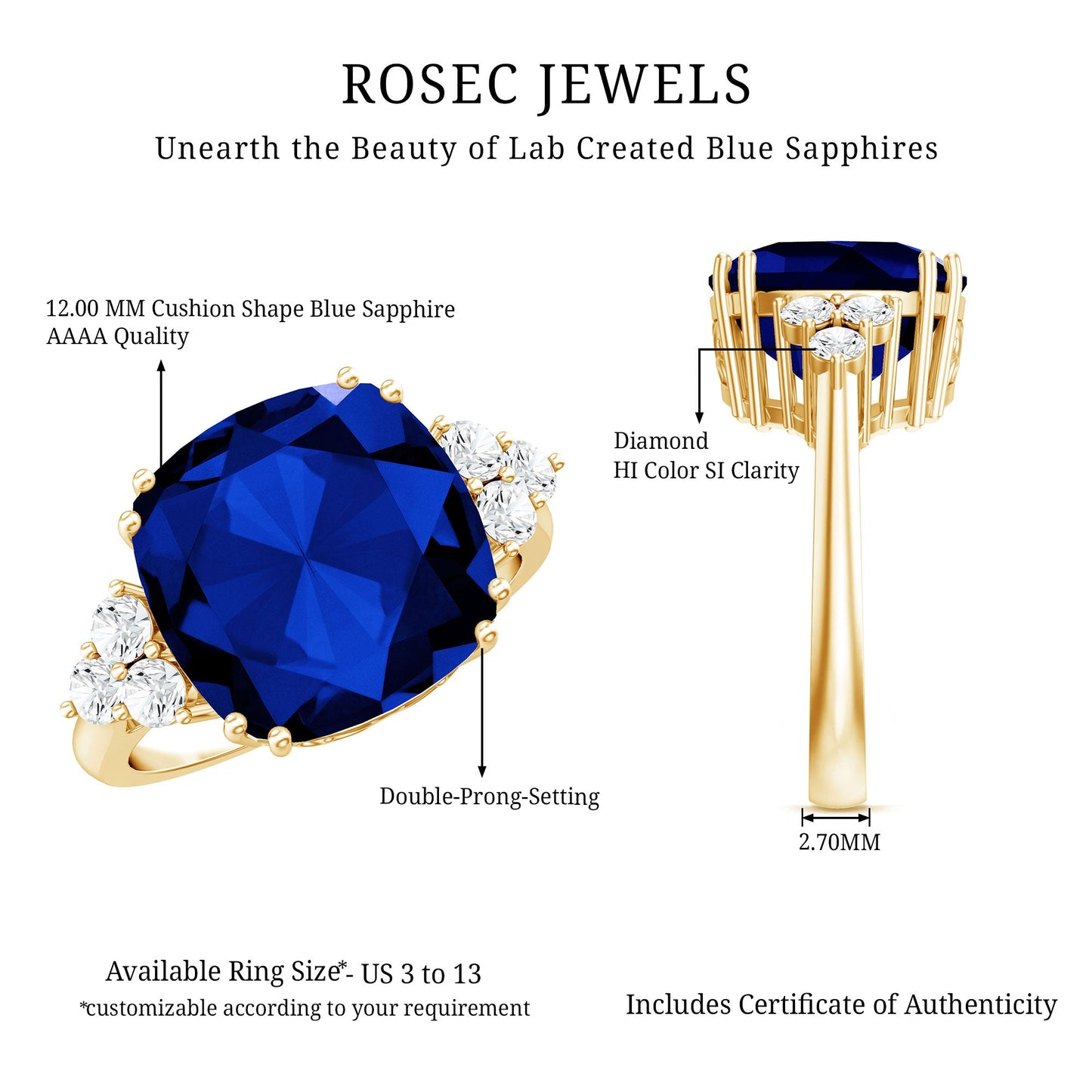 Certified 9 Carat Lab Grown Blue Sapphire Cushion Cut Engagement Ring with Diamond Trio