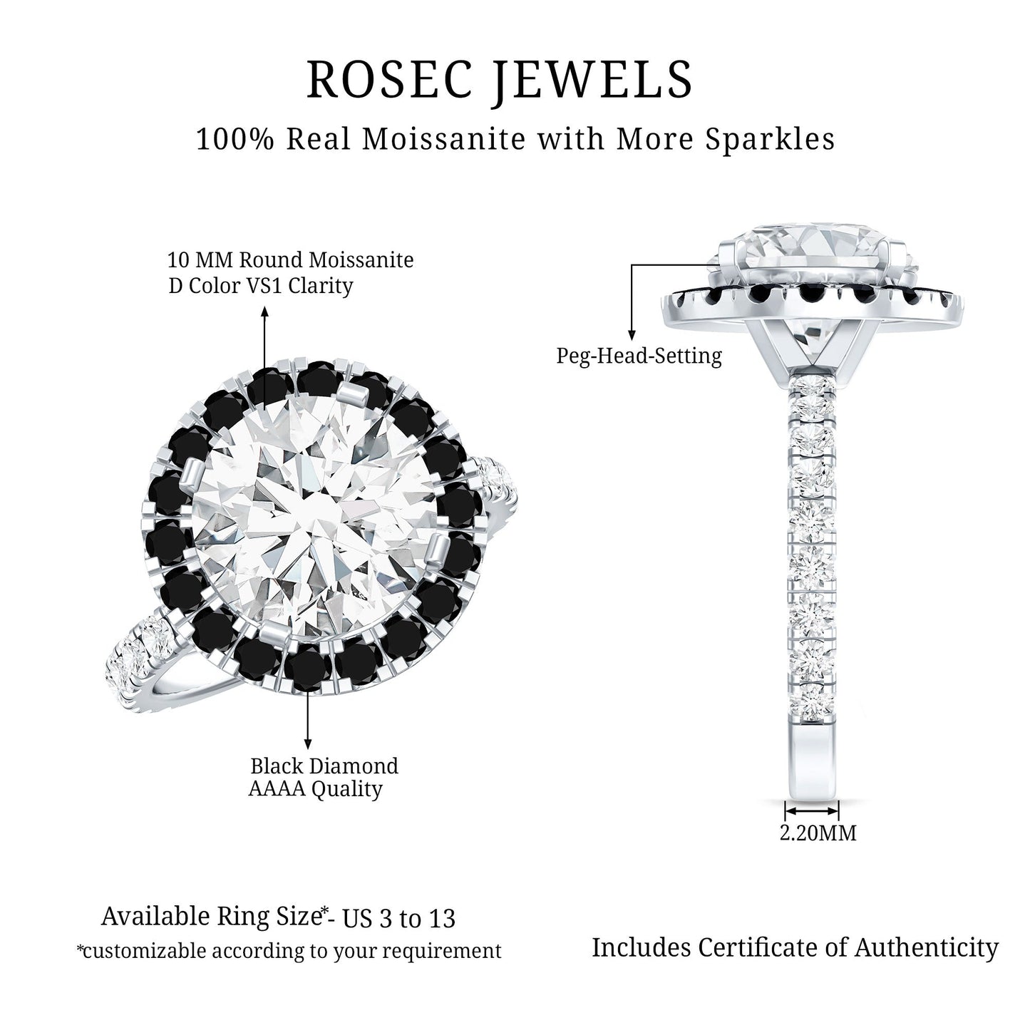 Certified 4.4 Carat Moissanite Halo Engagement Ring With Lab Black Diamond