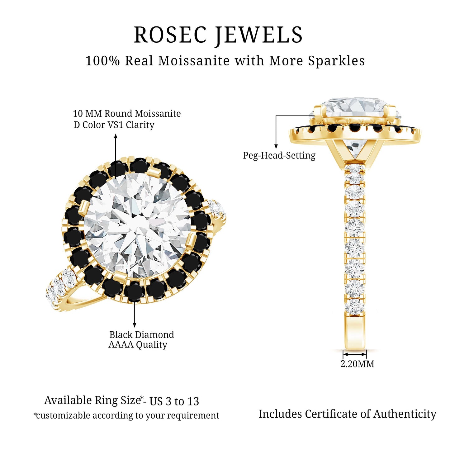 Certified 4.4 Carat Moissanite Halo Engagement Ring With Lab Black Diamond