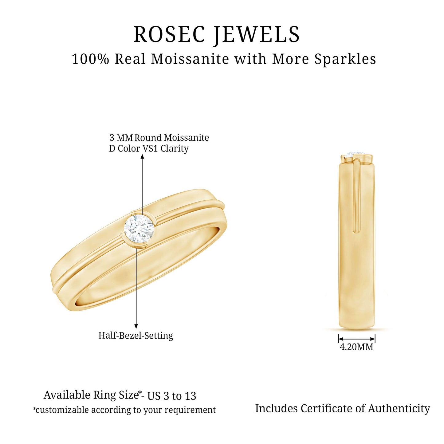 Bezel Set Round Moissanite Mens Wedding Band Ring
