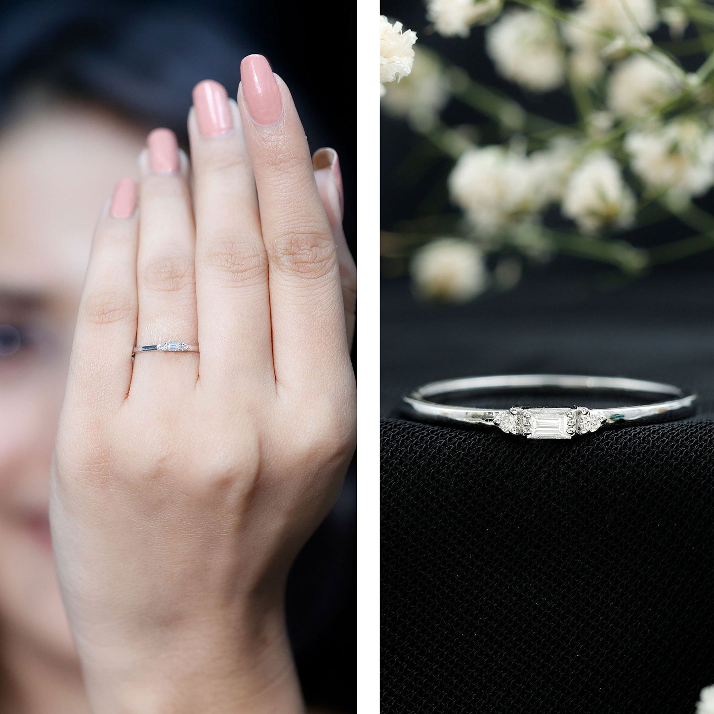 Minimalist Baguette and Round Diamond Promise Ring