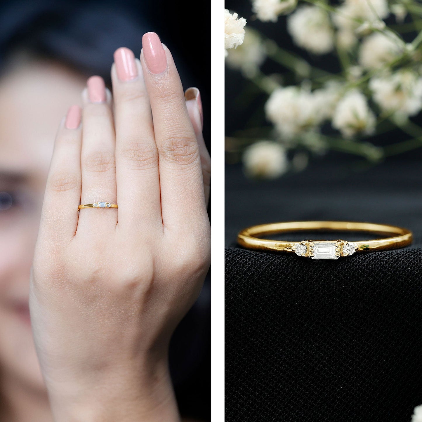 Minimalist Baguette and Round Diamond Promise Ring