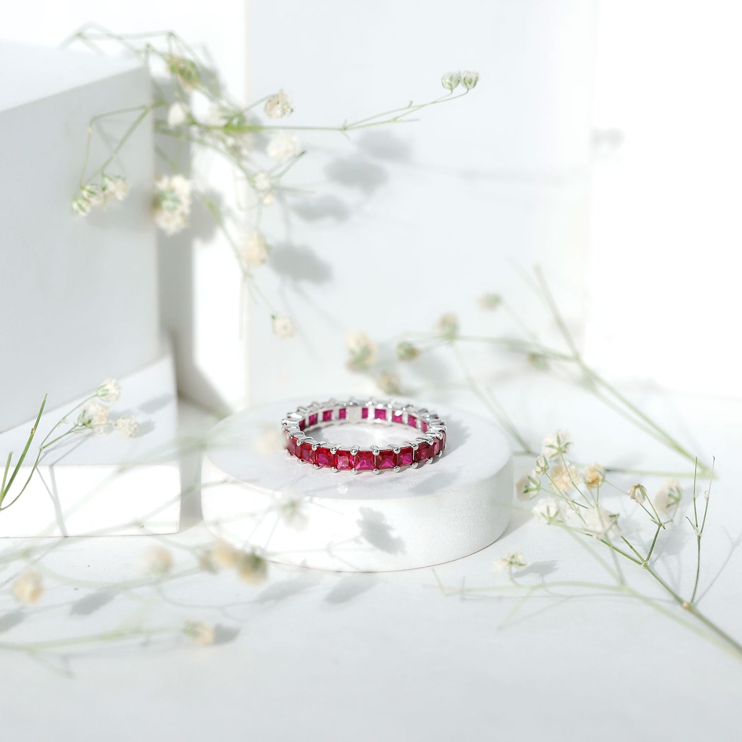 Princess Cut Lab Grown Ruby Eternity Wedding Band for Women