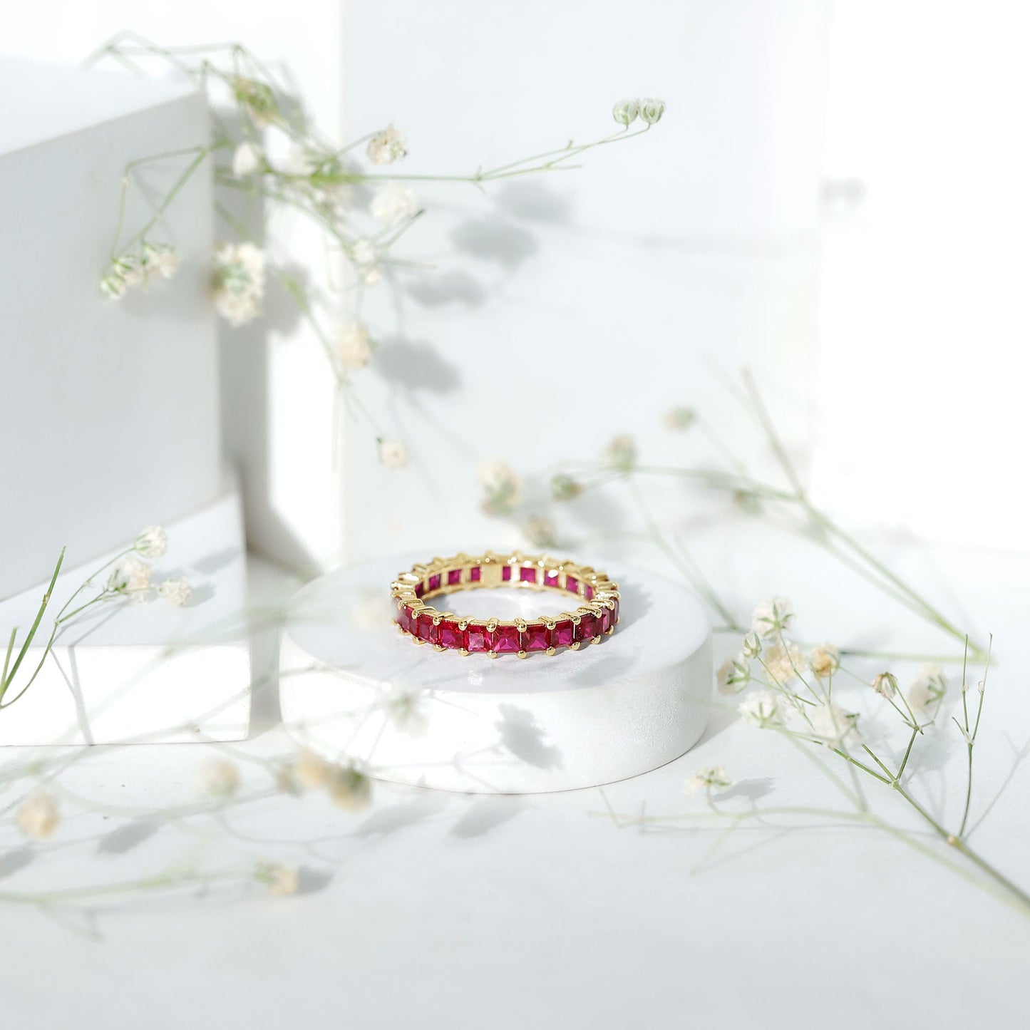 Princess Cut Lab Grown Ruby Eternity Wedding Band for Women