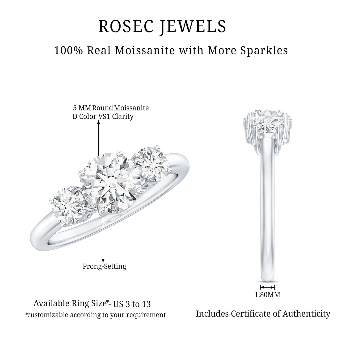 Certified Moissanite 3 Stone Engagement Ring
