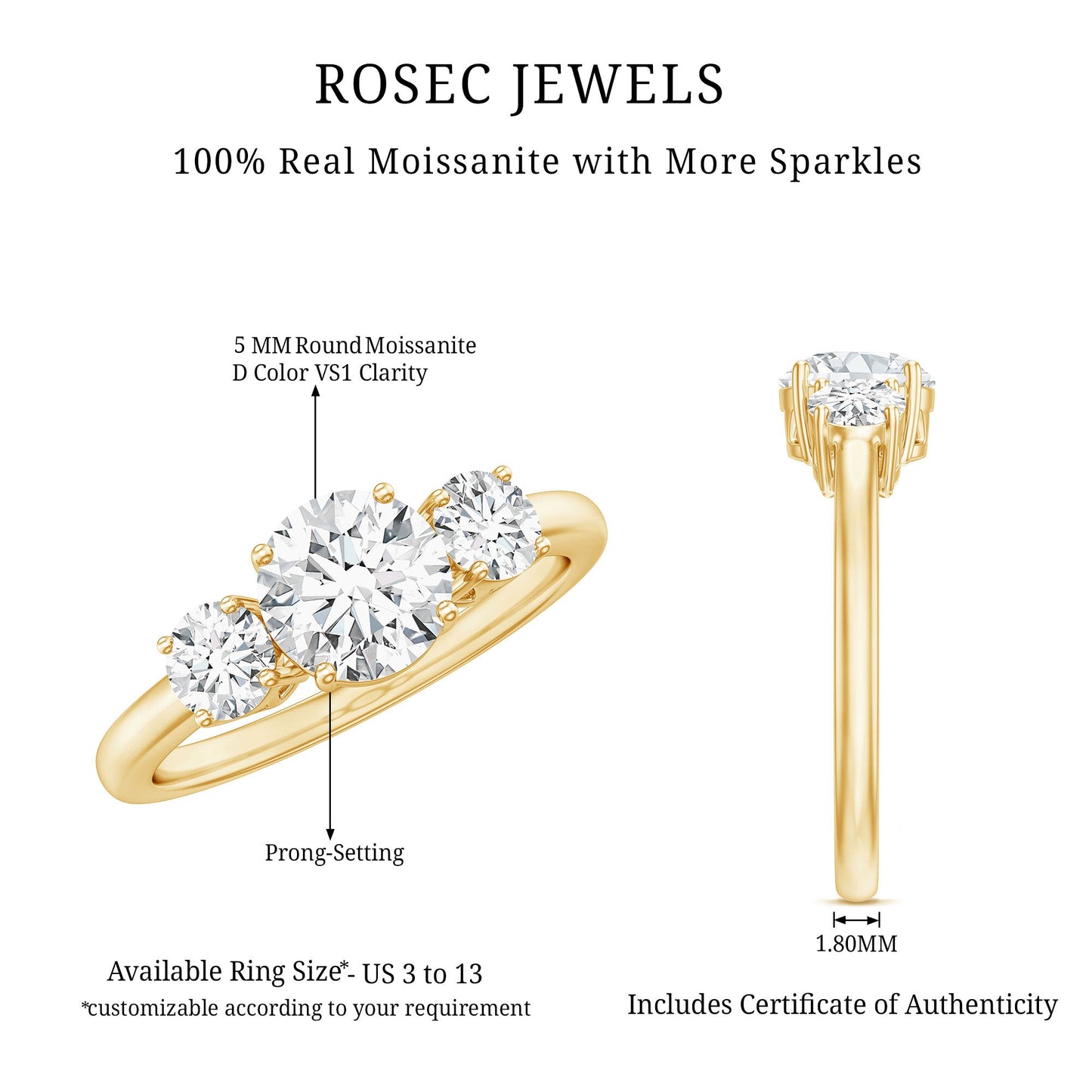 Certified Moissanite 3 Stone Engagement Ring
