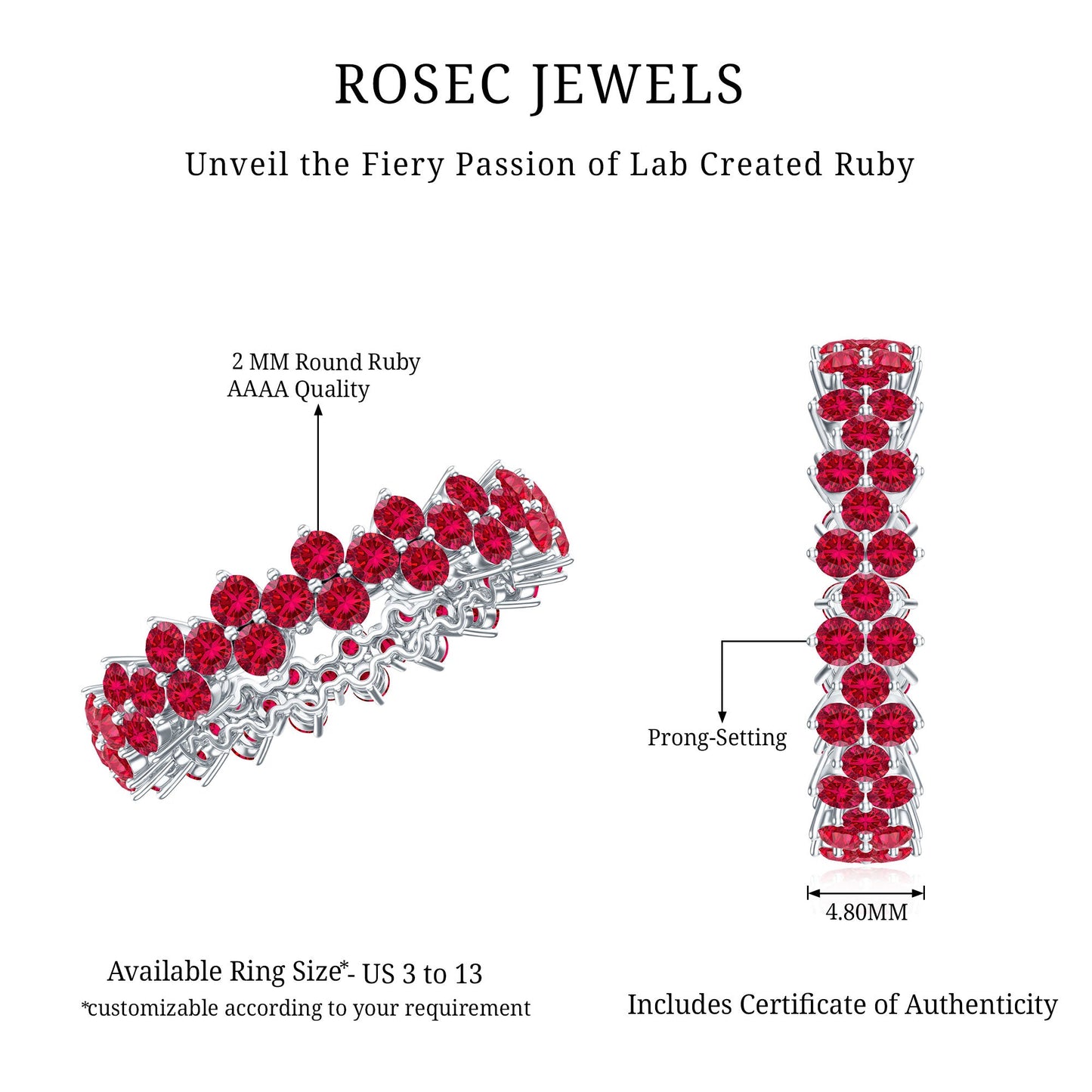 Round Lab Created Ruby Cluster Eternity Ring in Prong Setting