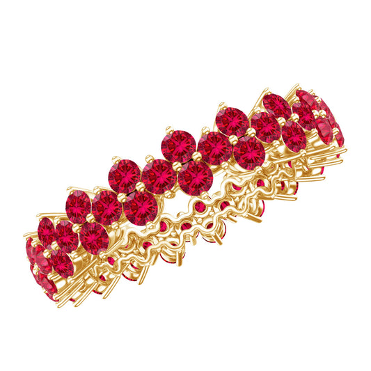 Round Lab Created Ruby Cluster Eternity Ring in Prong Setting