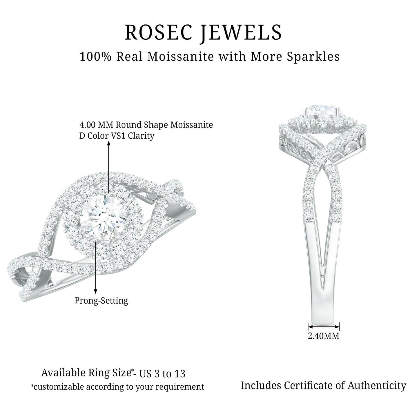 Certified Moissanite Crossover Engagement Ring with Halo