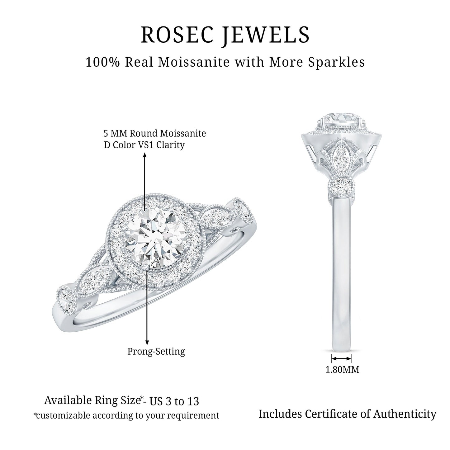 Round Cut Moissanite Antique Engagement Ring