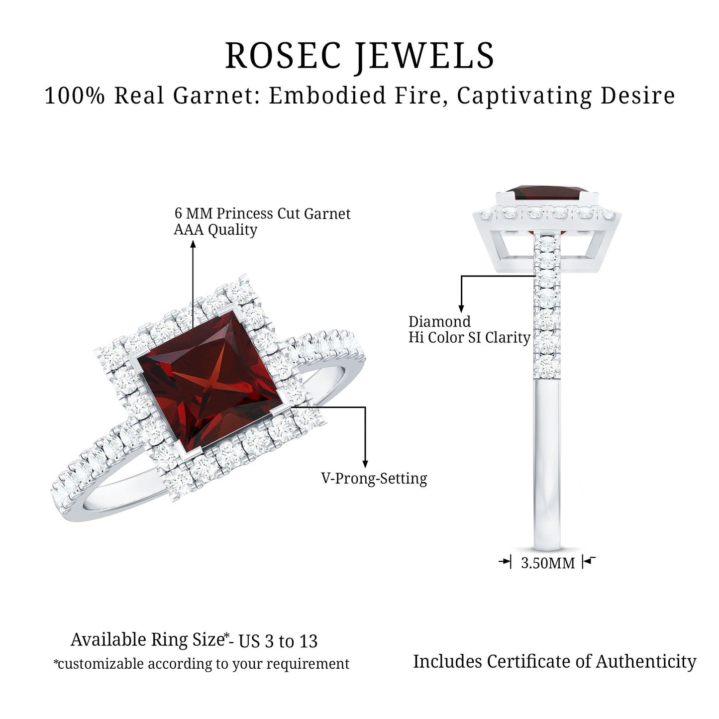 Natural Garnet Princess Cut Engagement Ring with Diamond Halo