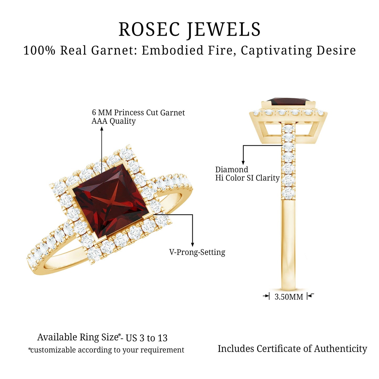 Natural Garnet Princess Cut Engagement Ring with Diamond Halo