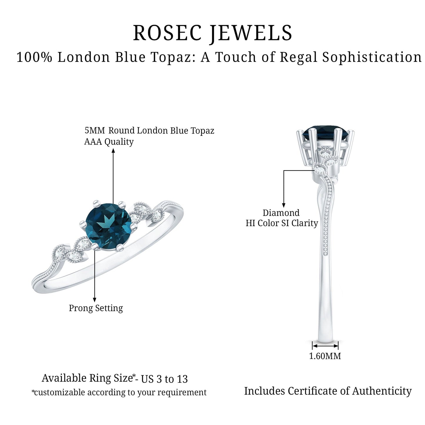 0.6 Carat Round London Blue Topaz Commitment Ring with Diamond