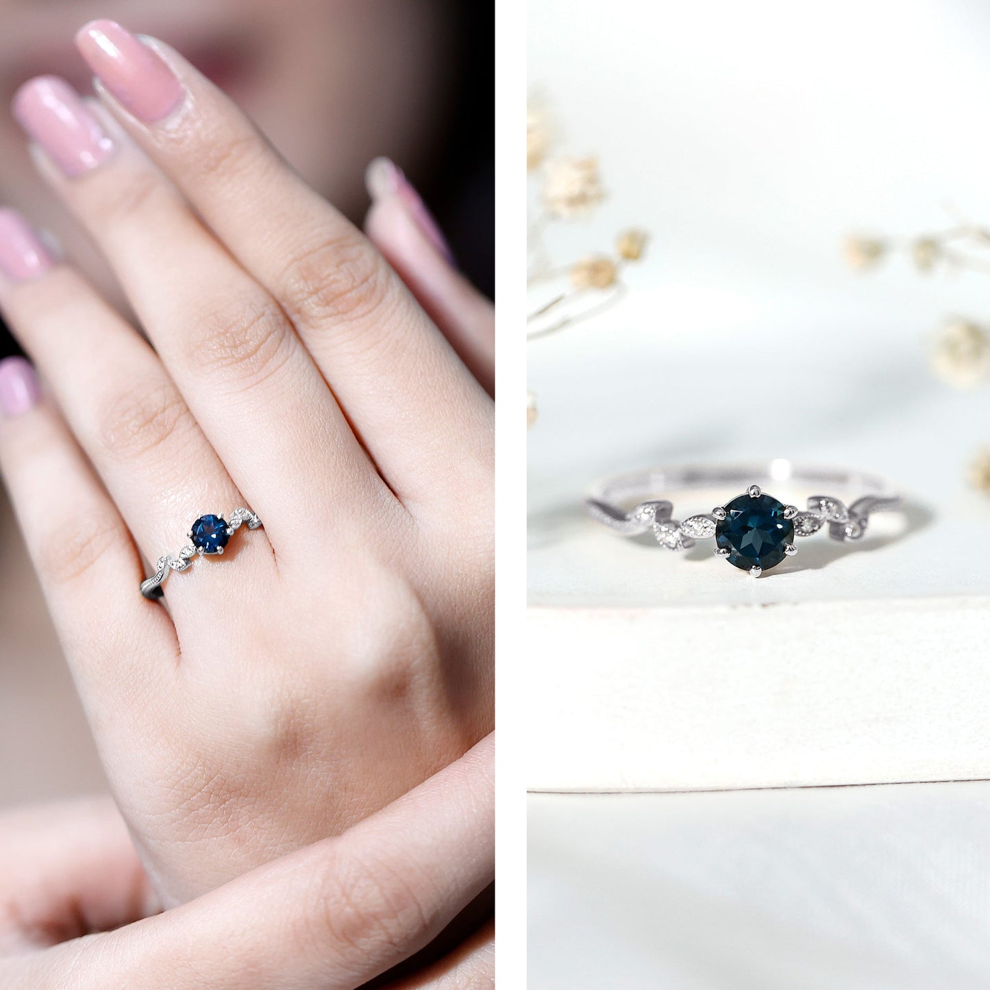 0.6 Carat Round London Blue Topaz Commitment Ring with Diamond