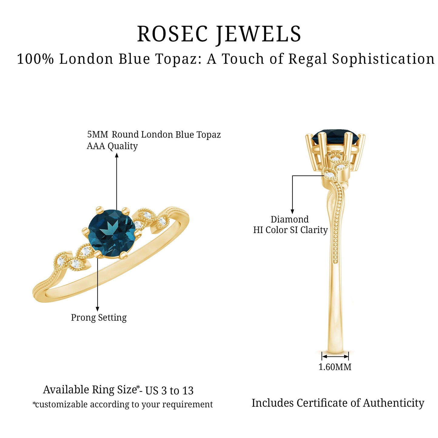 0.6 Carat Round London Blue Topaz Commitment Ring with Diamond