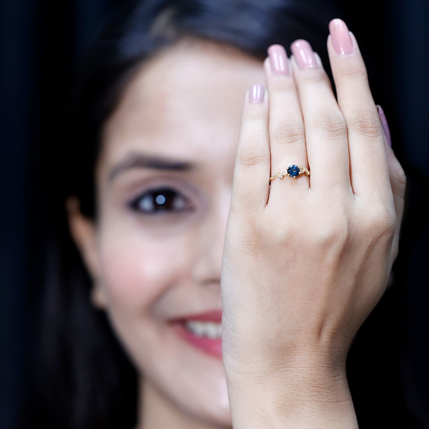 0.6 Carat Round London Blue Topaz Commitment Ring with Diamond