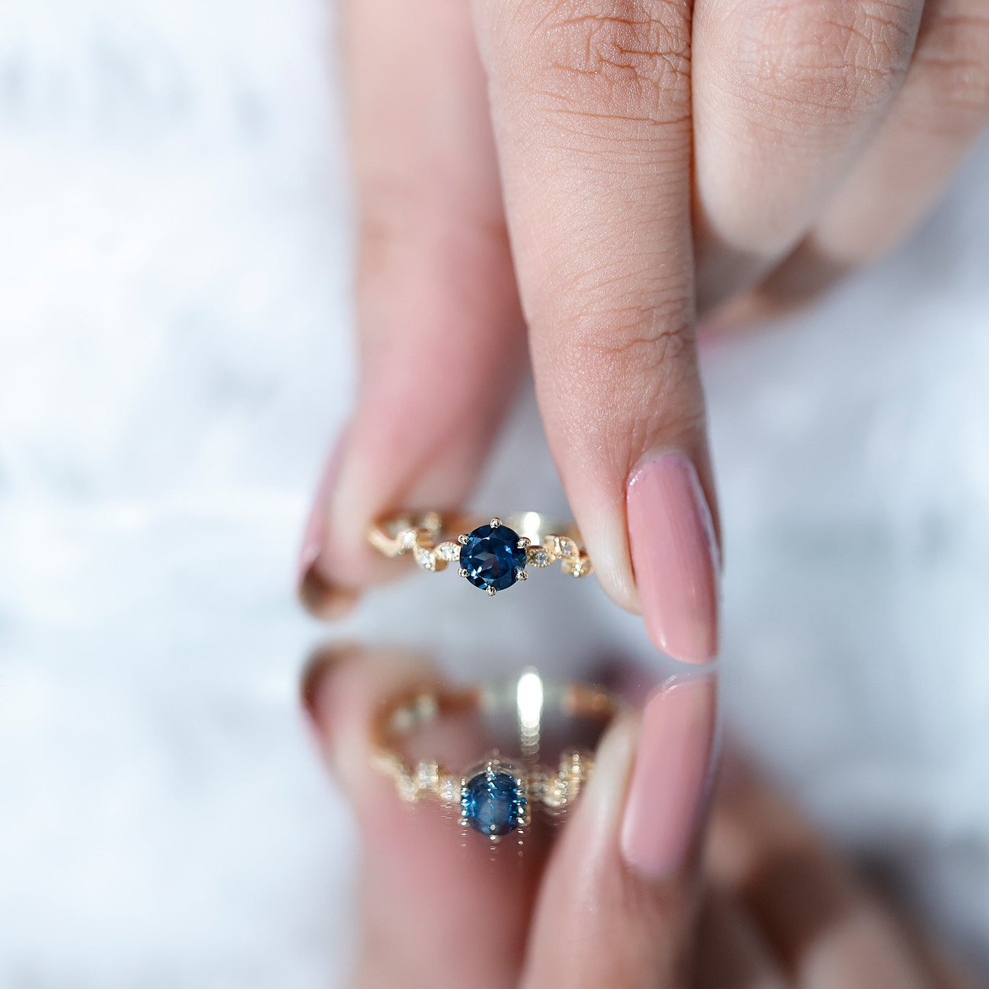 0.6 Carat Round London Blue Topaz Commitment Ring with Diamond