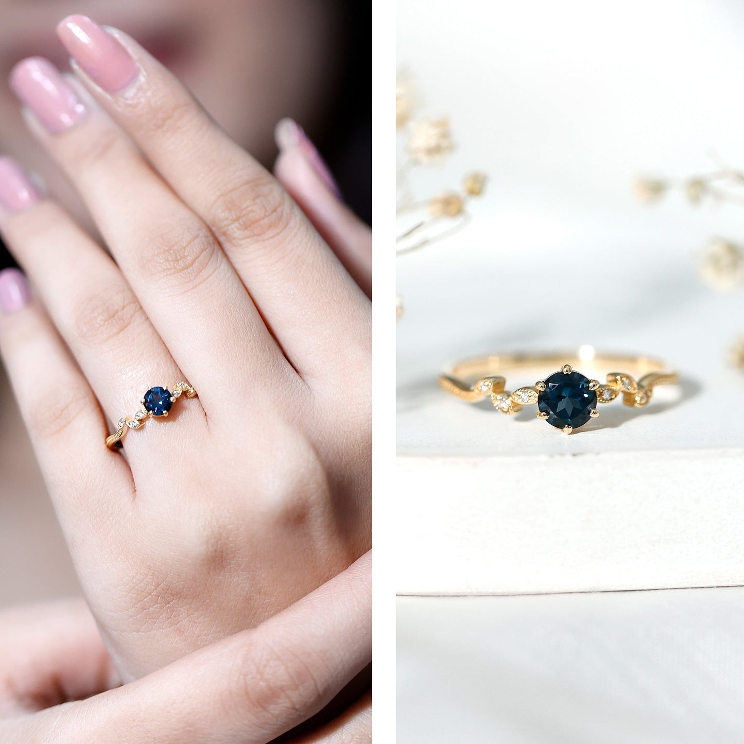 0.6 Carat Round London Blue Topaz Commitment Ring with Diamond