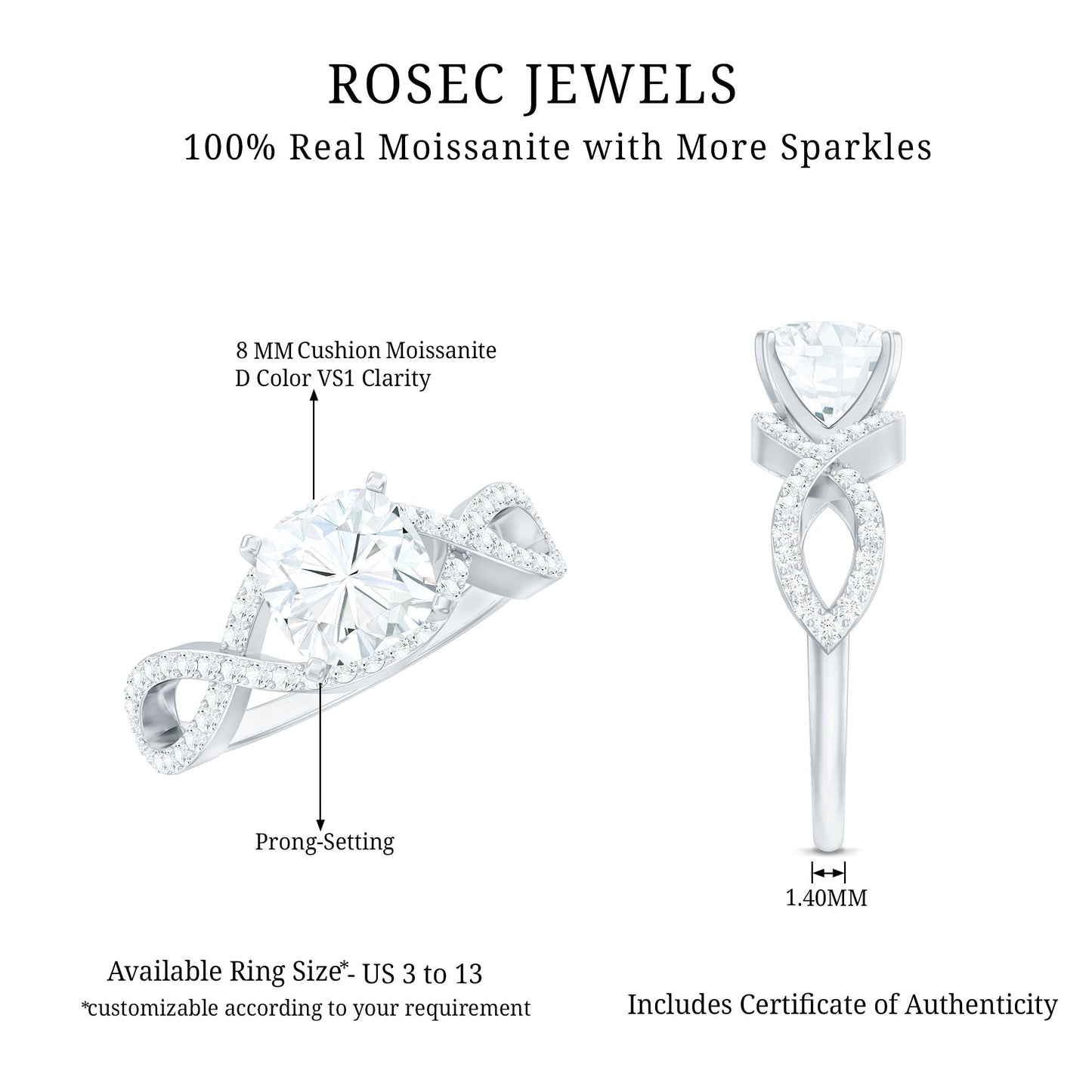3 CT Cushion Cut Moissanite Solitaire Ring With Crossover Shank