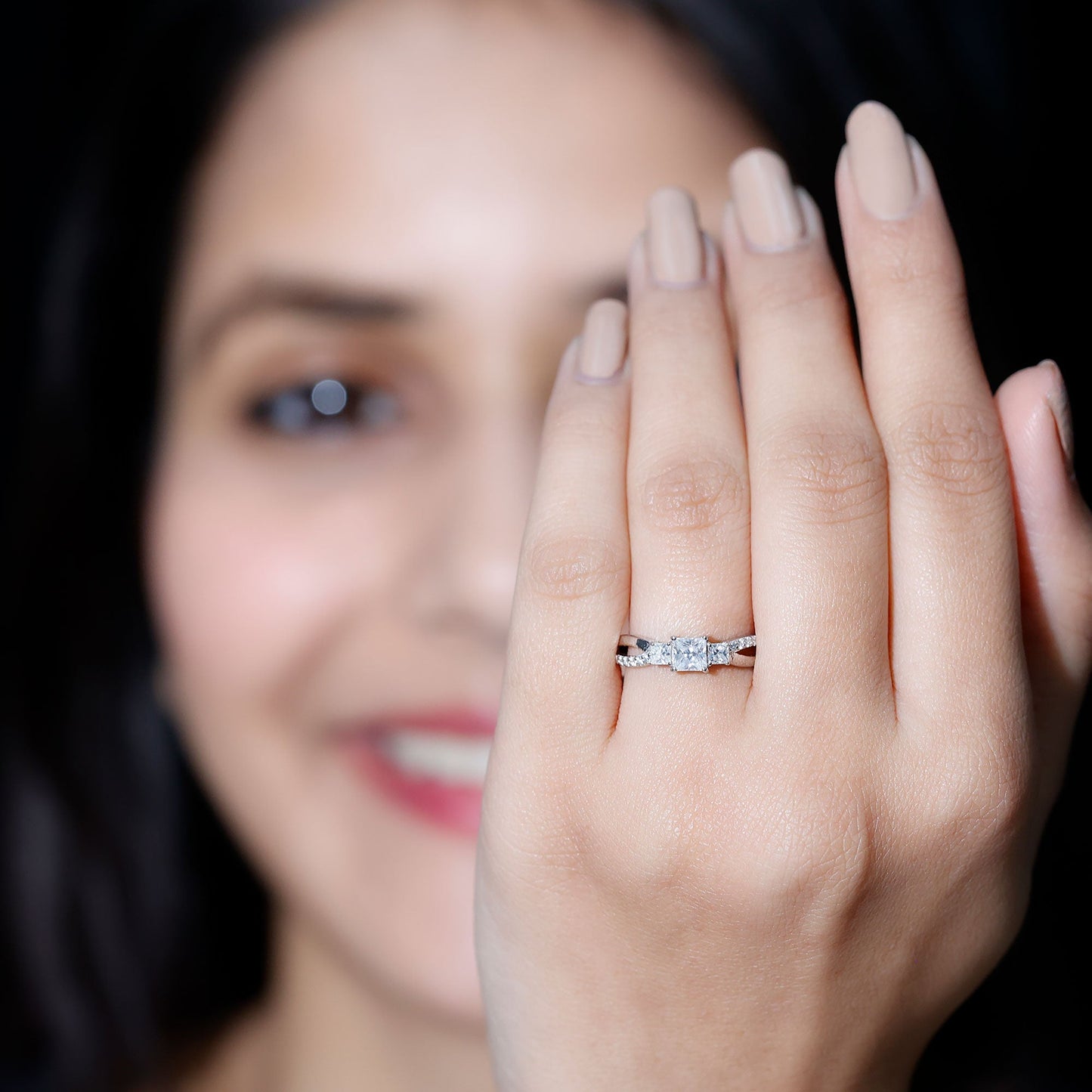 Princess Cut Moissanite Three Stone Engagement Ring