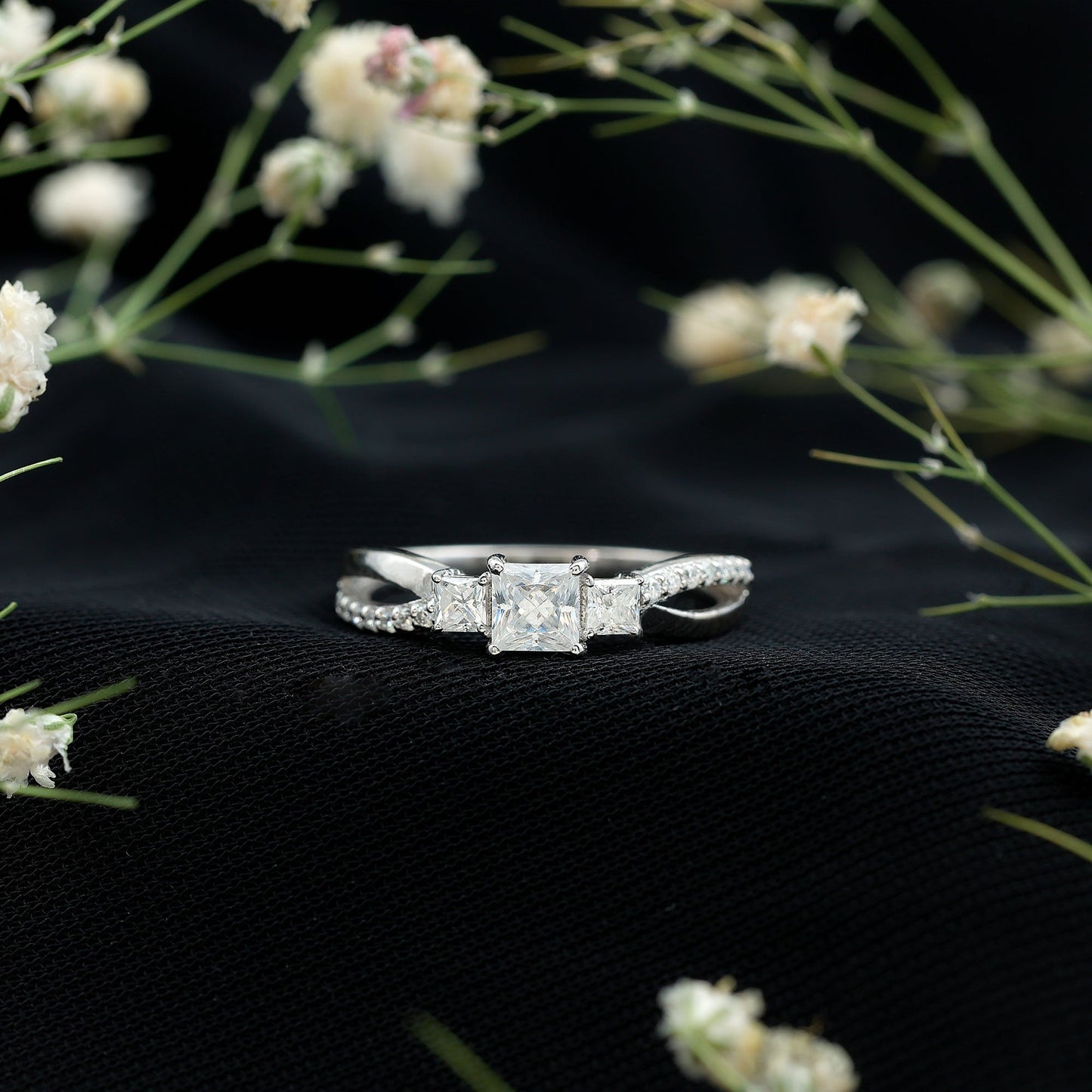 Princess Cut Moissanite Three Stone Engagement Ring