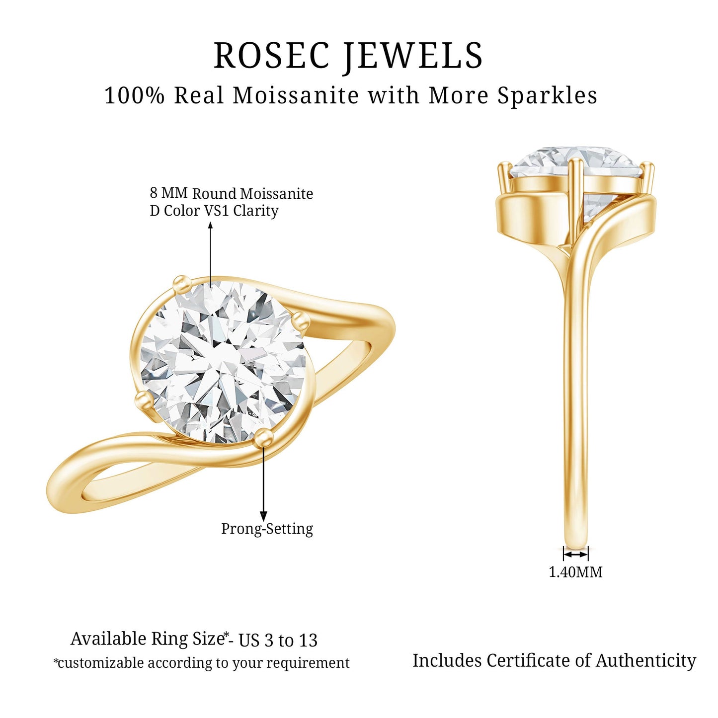 Round Cut 2 Carat Moissanite Solitaire Engagement Ring in Bypass Shank