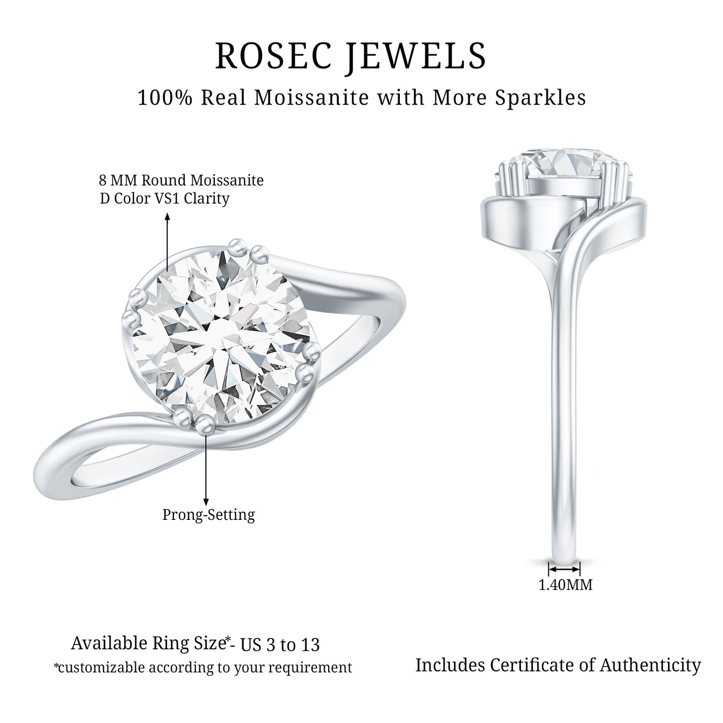 2 Carat Round Moissanite Bypass Engagement Ring