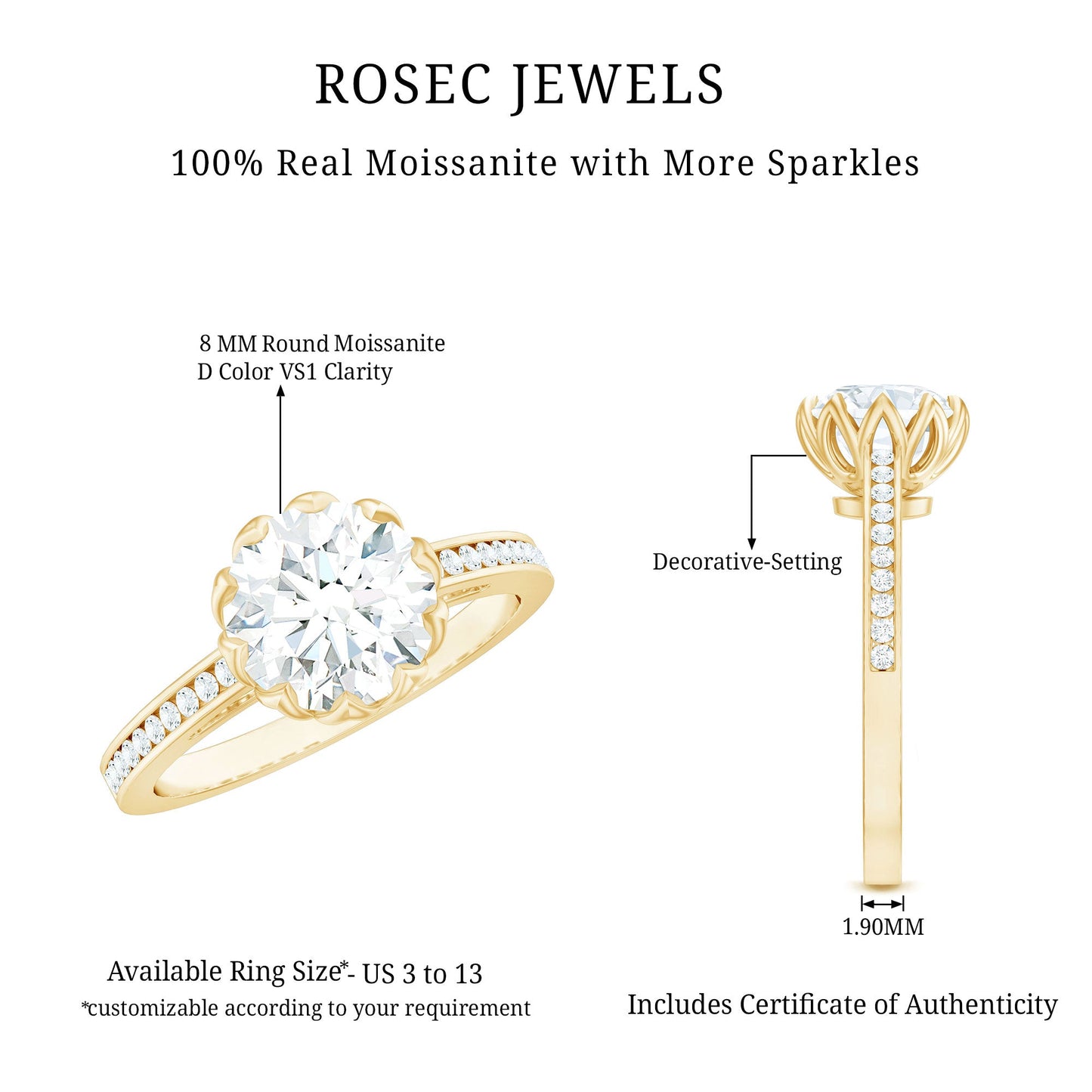 Round Moissanite Lotus Engagement Ring with Side Stones