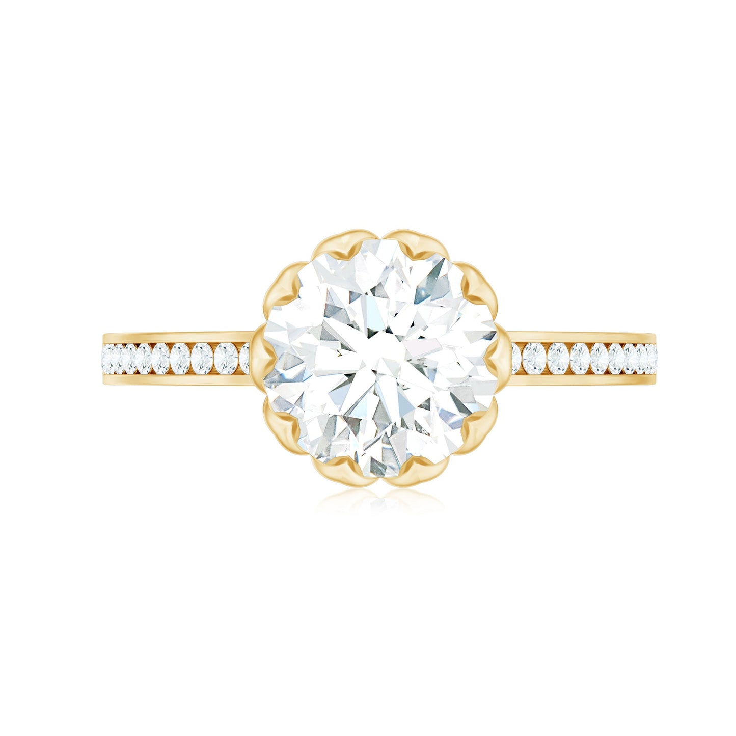 Round Moissanite Lotus Engagement Ring with Side Stones