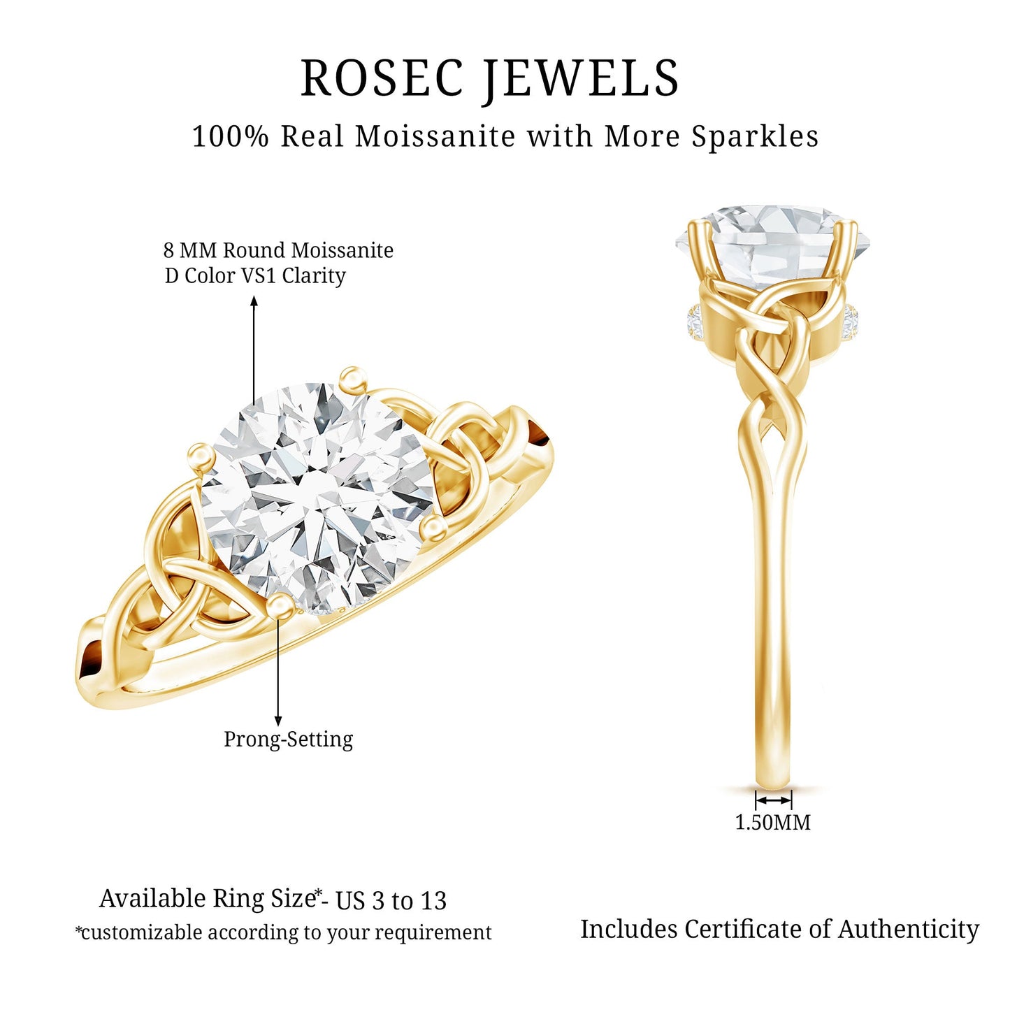 Round Moissanite Solitaire Engagement Ring with Celtic Details