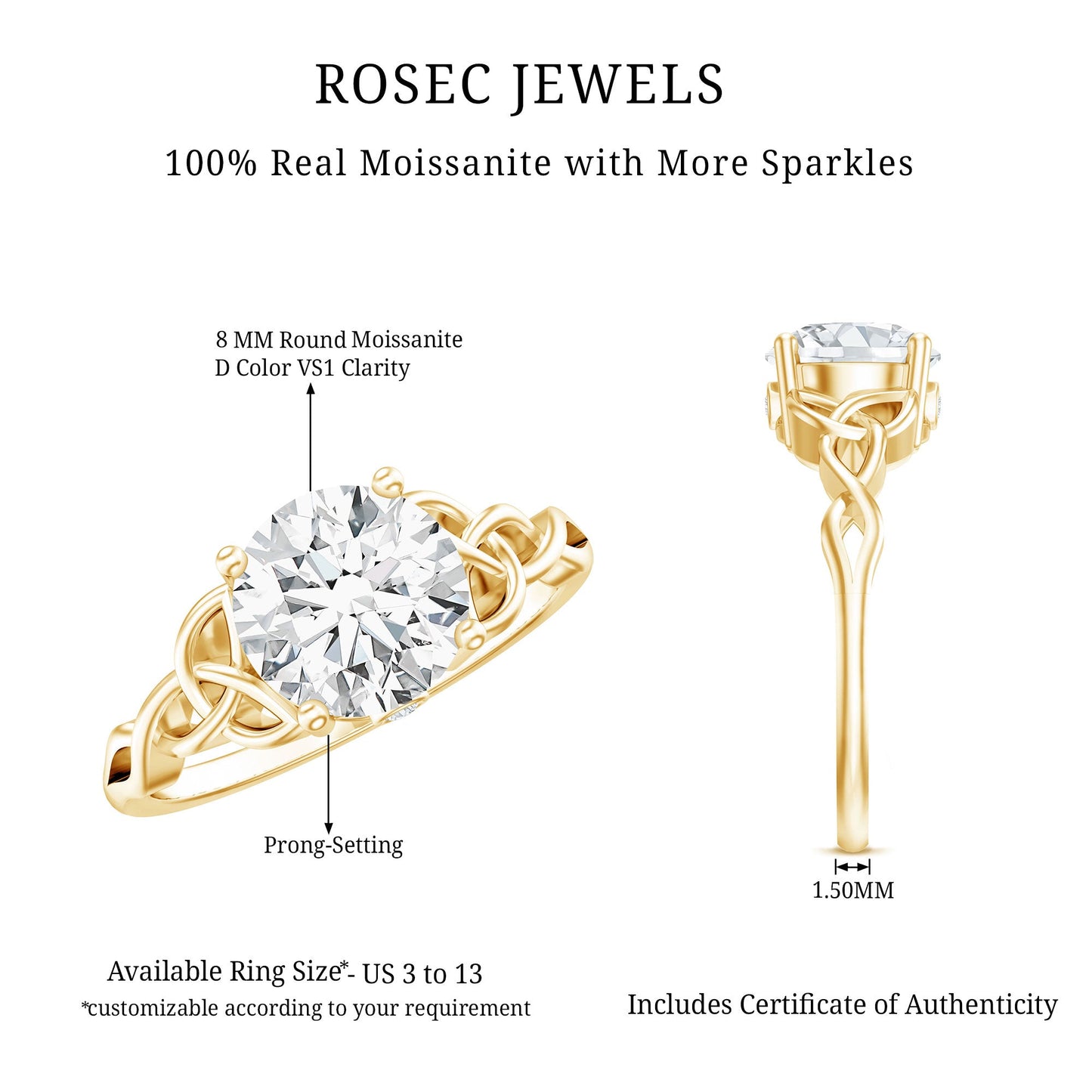 Certified Solitaire Moissanite Celtic Design Engagement Ring