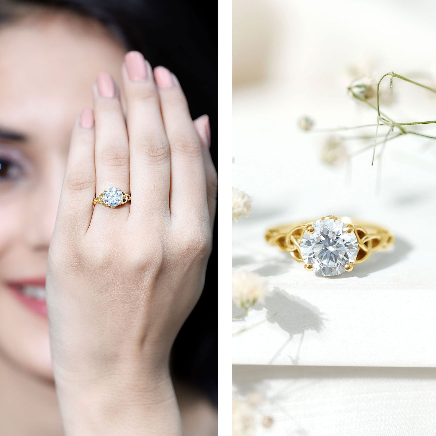 Certified Solitaire Moissanite Celtic Design Engagement Ring