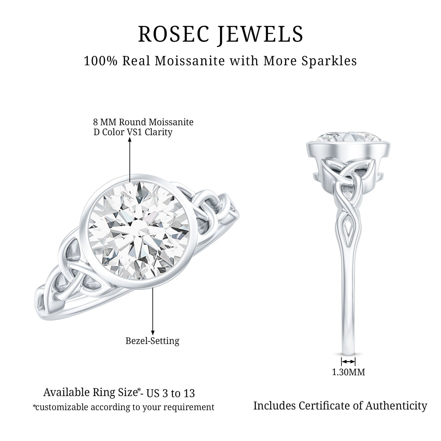 Solitaire Moissanite Celtic Knot Engagement Ring in Bezel Setting