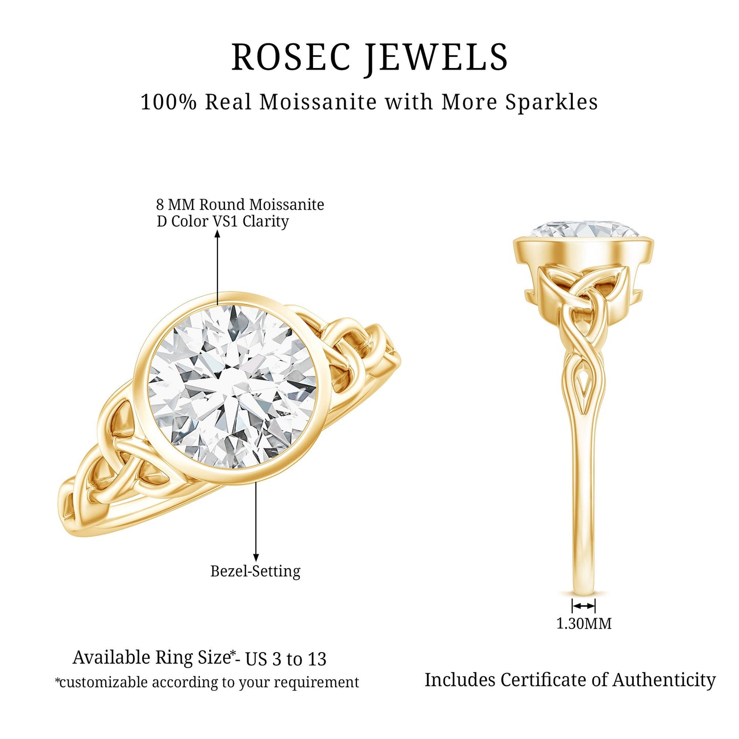 Solitaire Moissanite Celtic Knot Engagement Ring in Bezel Setting