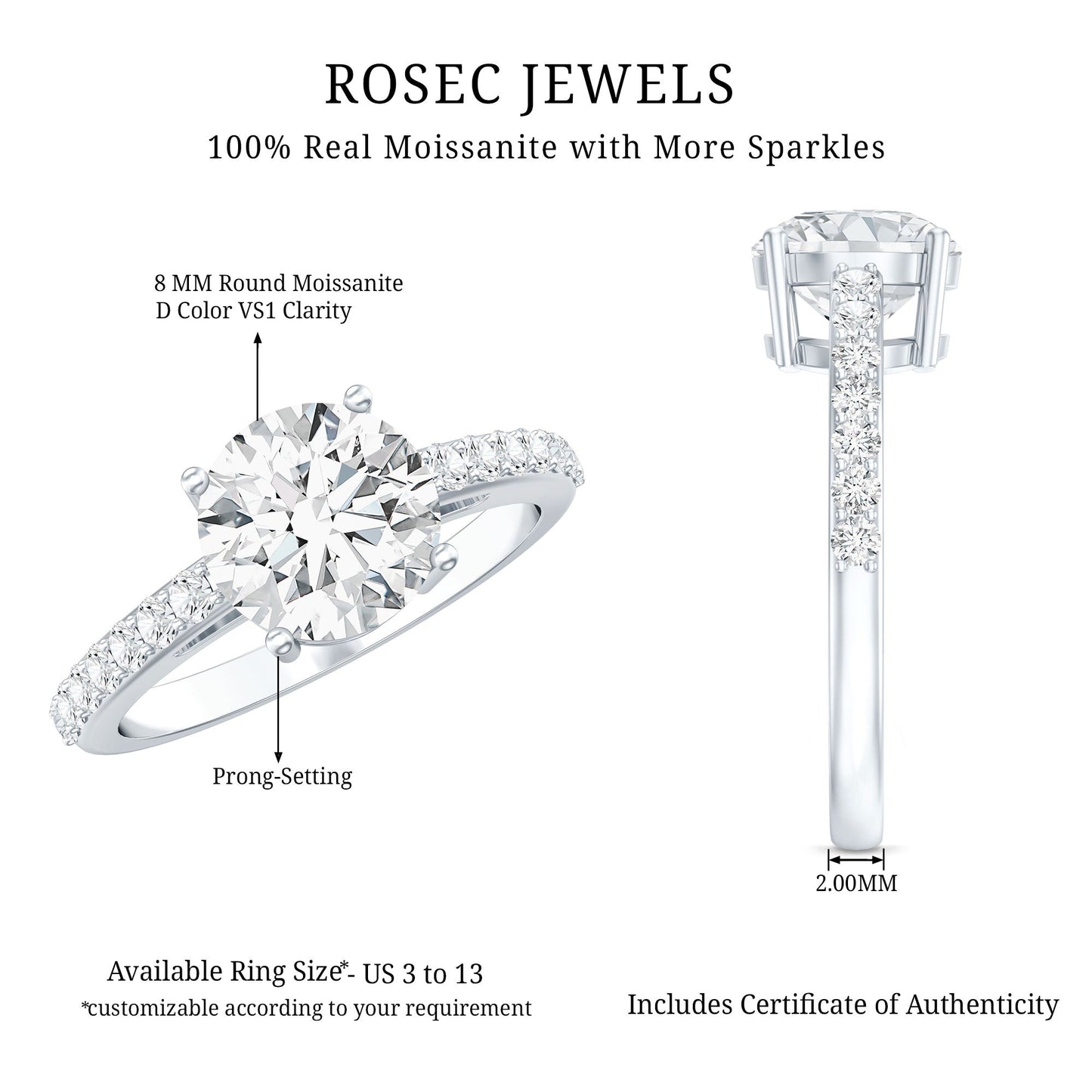 2 Carat Round Shape Moissanite Solitaire Engagement Ring with Certificate