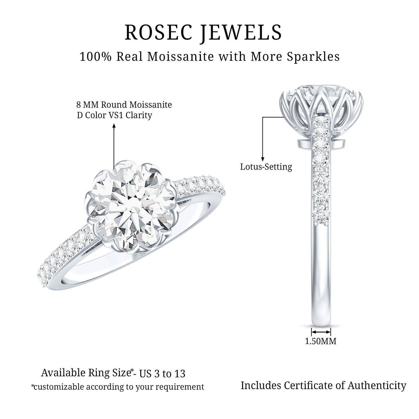 Lotus Basket Set Moissanite Engagement Ring with Certificate