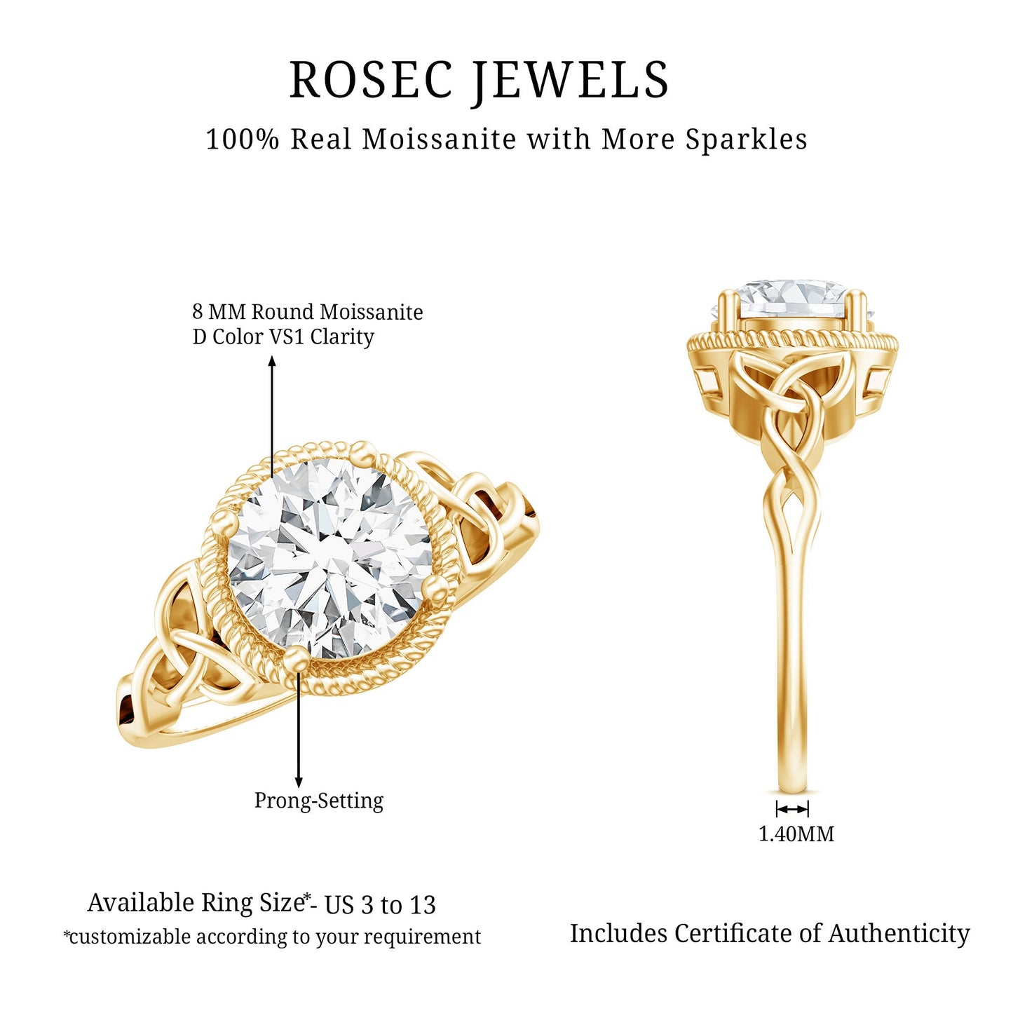 Brilliant Cut Moissanite Engagement Ring with Rope Frame