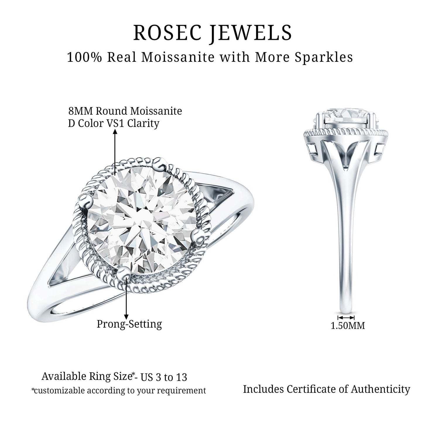 2 CT Round Moissanite Rope Band Engagement Ring