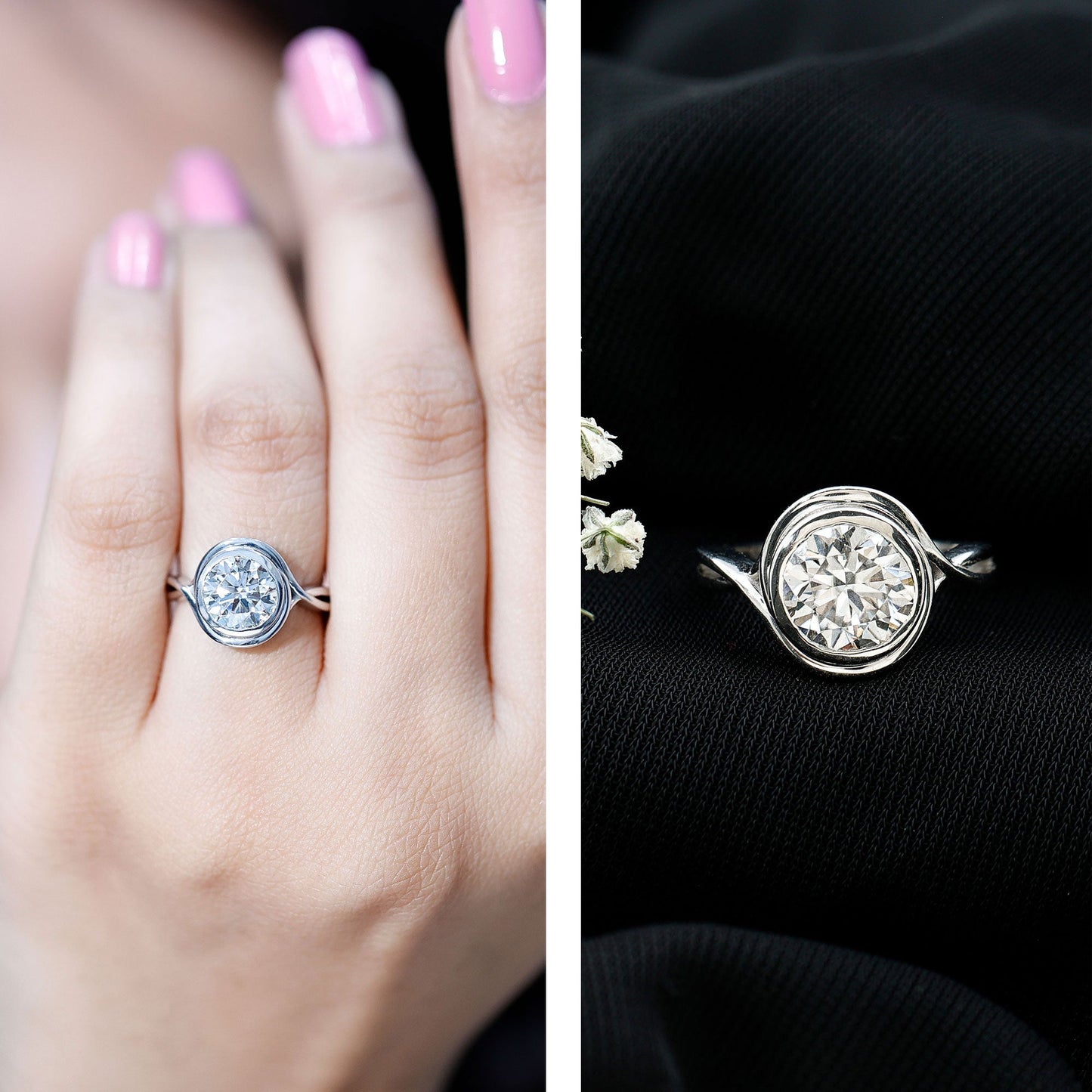 Certified Moissanite Bezel Set Engagement Ring with Crossover Shank
