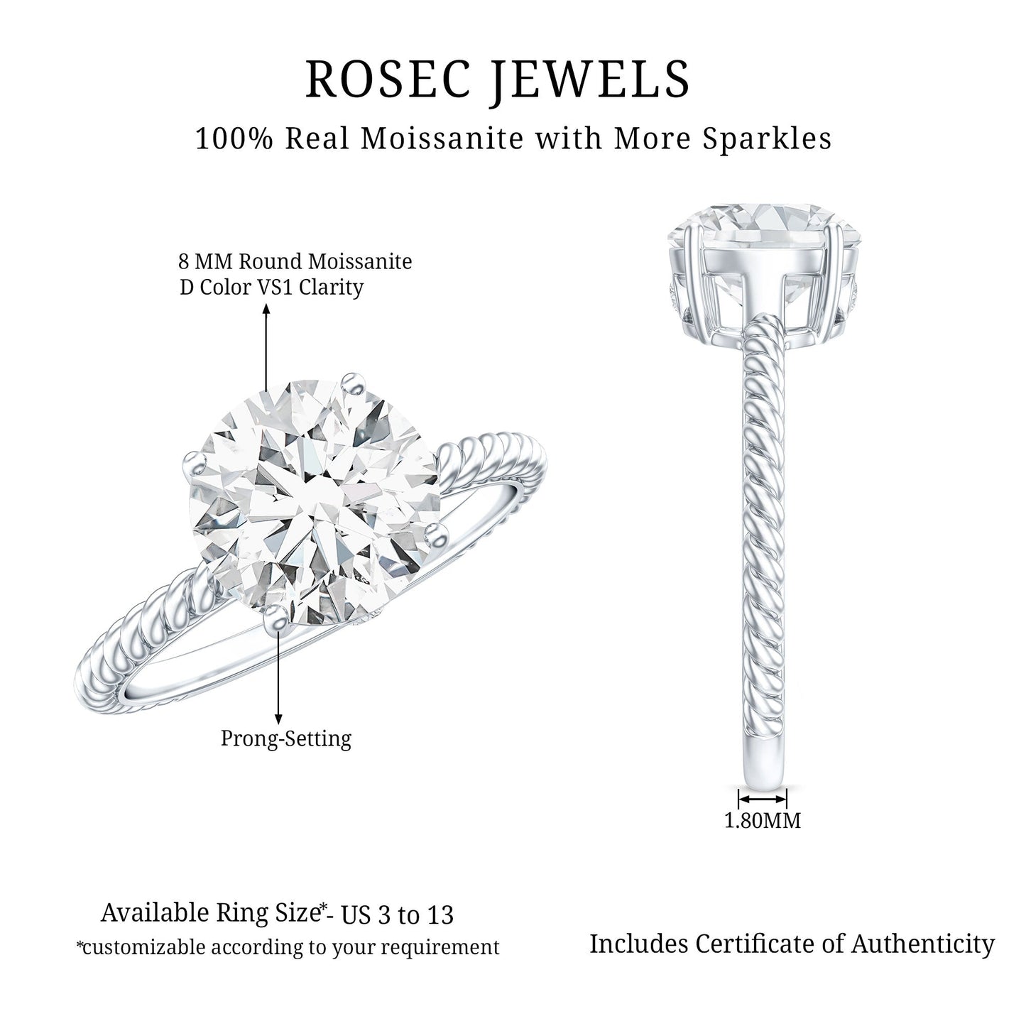 Round Cut Moissanite Solitaire Engagement Ring with Twisted Rope
