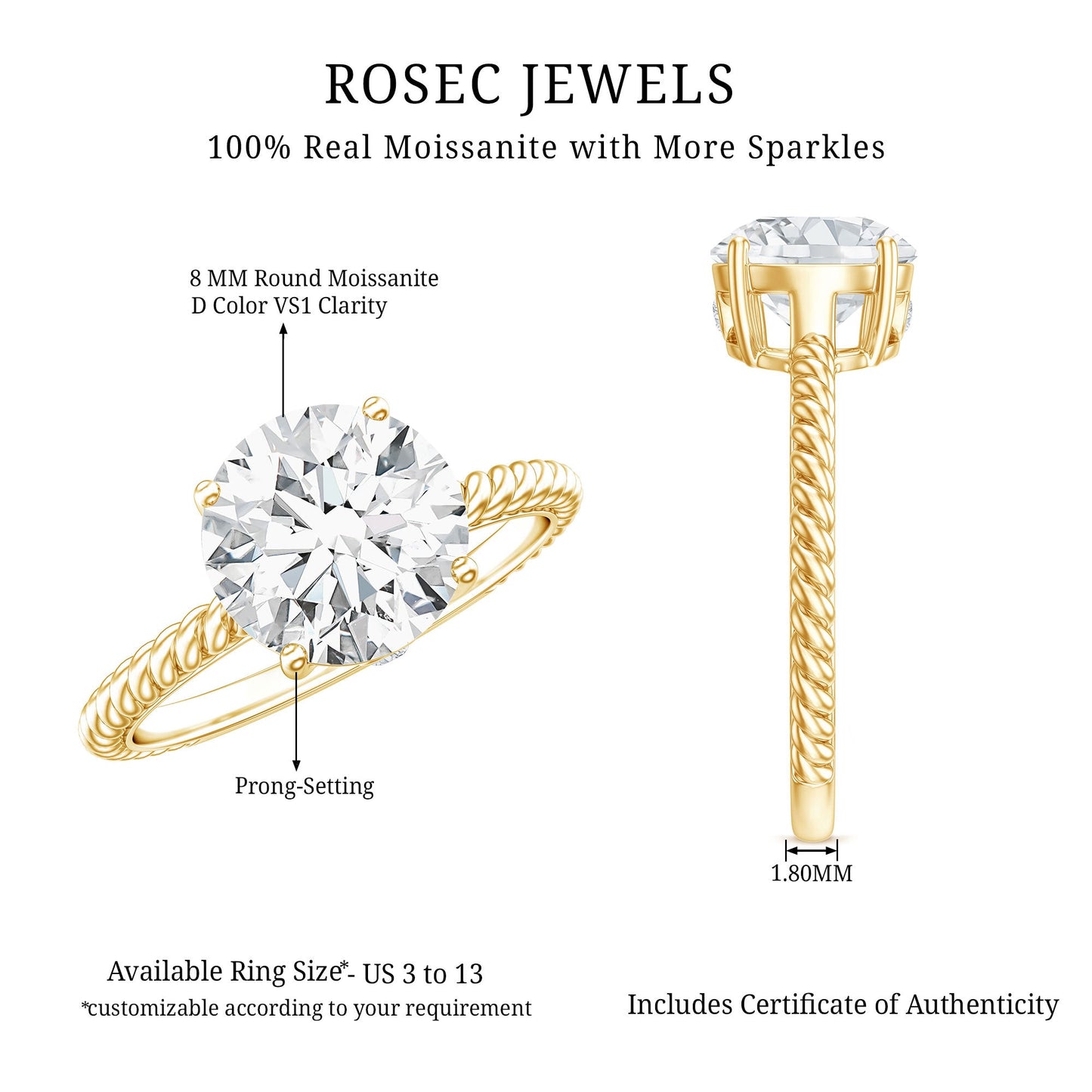 Round Cut Moissanite Solitaire Engagement Ring with Twisted Rope