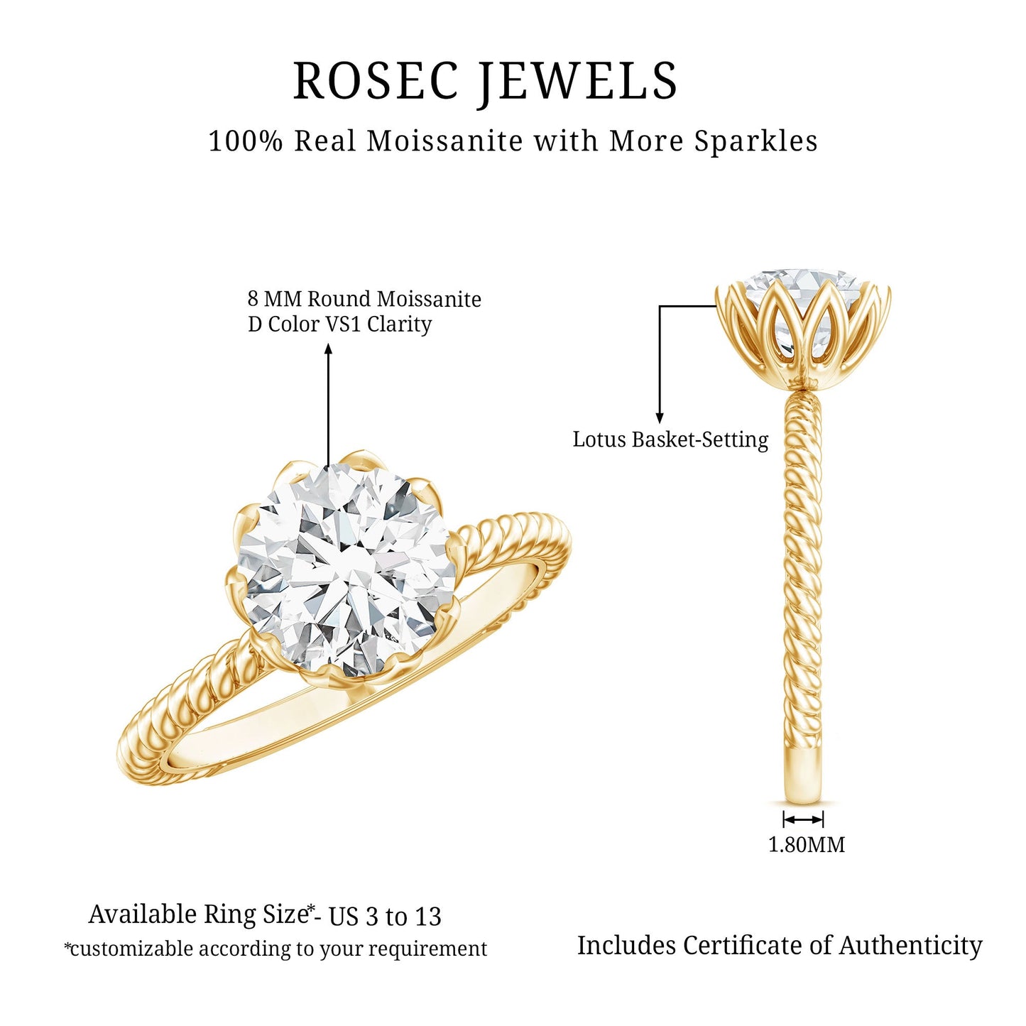 2 CT Moissanite Engagement Ring with Twisted Rope Band