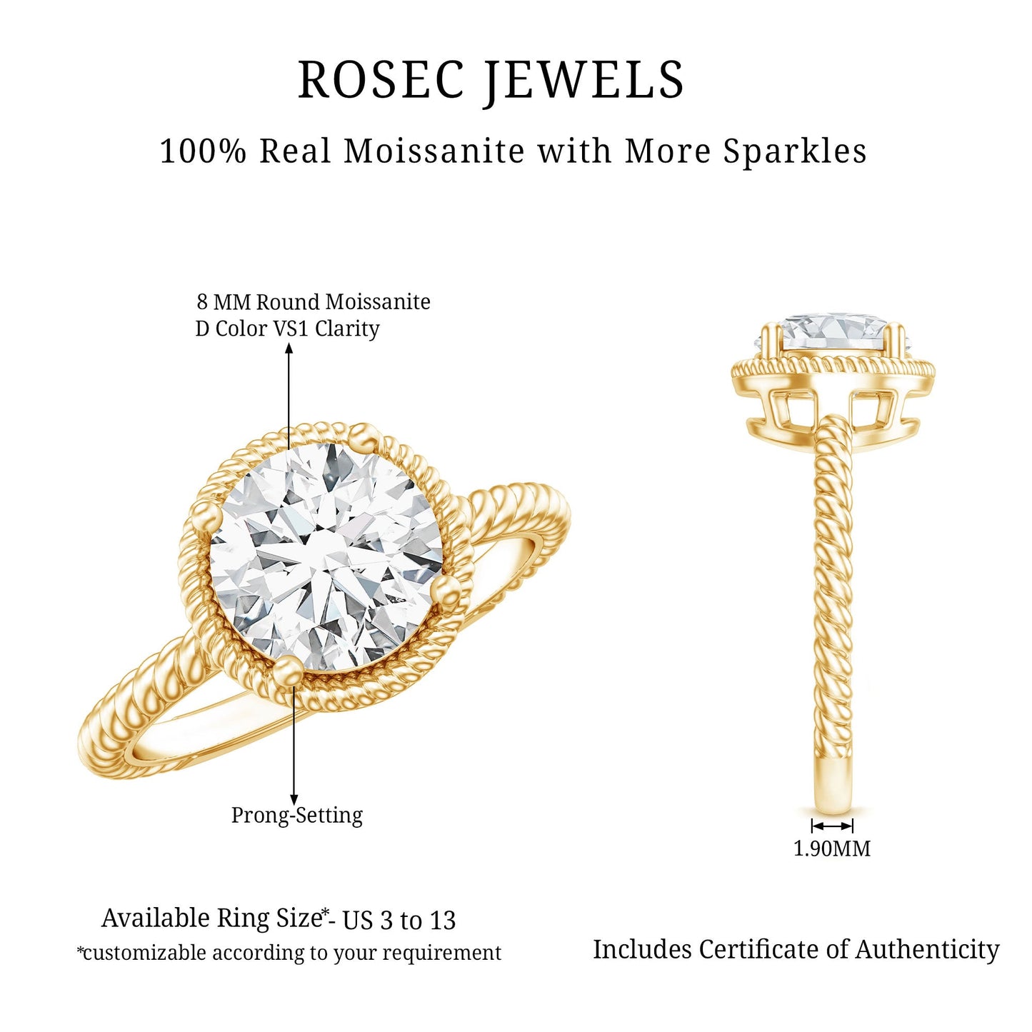 Brilliant Cut 2 Carat Moissanite Rope Band Engagement Ring
