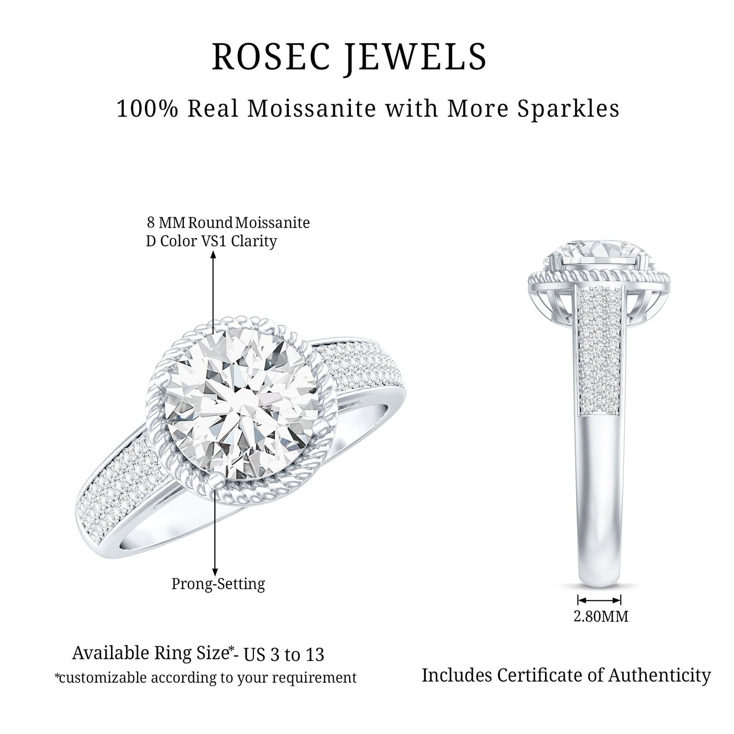 2 Carat Moissanite Round Cut Engagement Ring With Side Stones