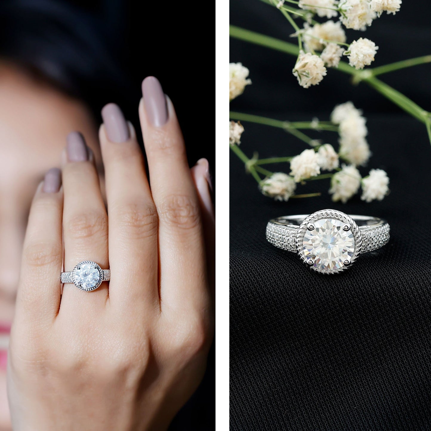 2 Carat Moissanite Round Cut Engagement Ring With Side Stones