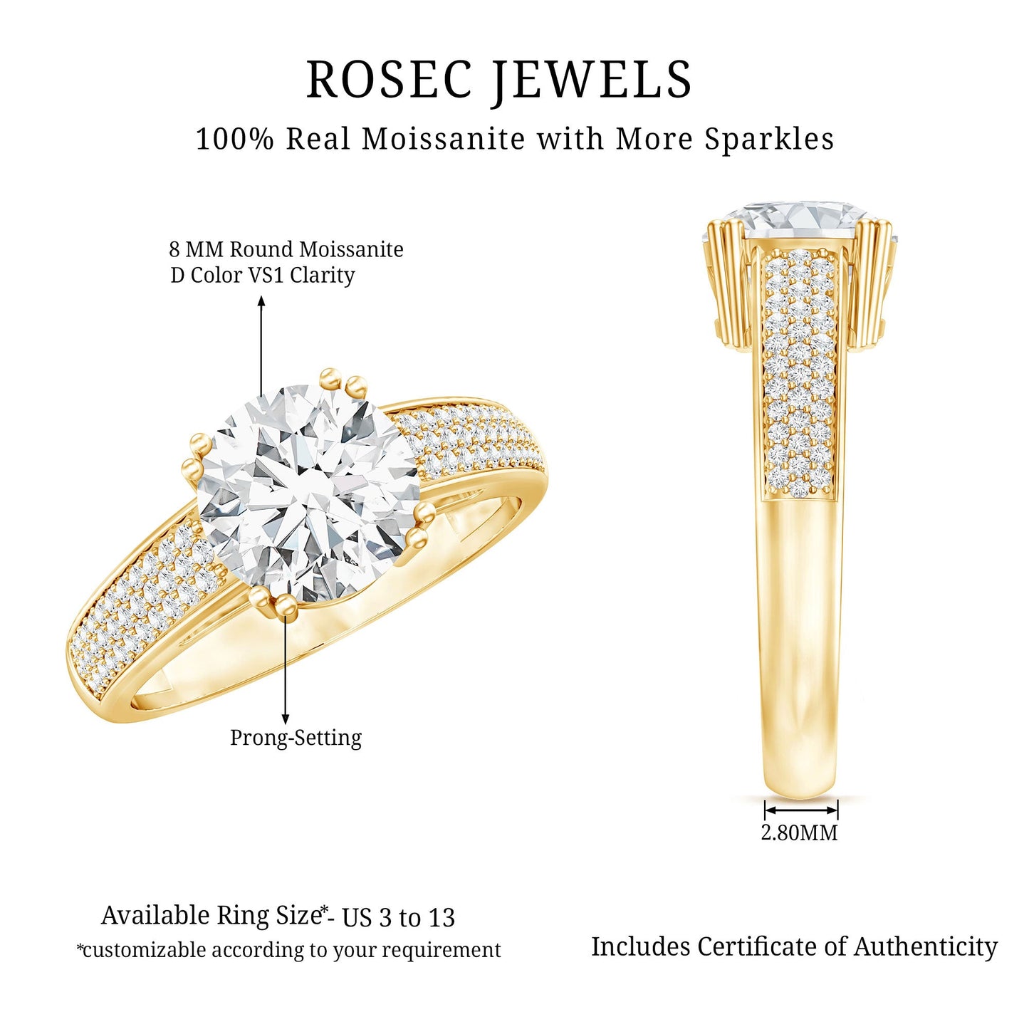 Round Moissanite Engagement Ring with Pave Set Side Stones