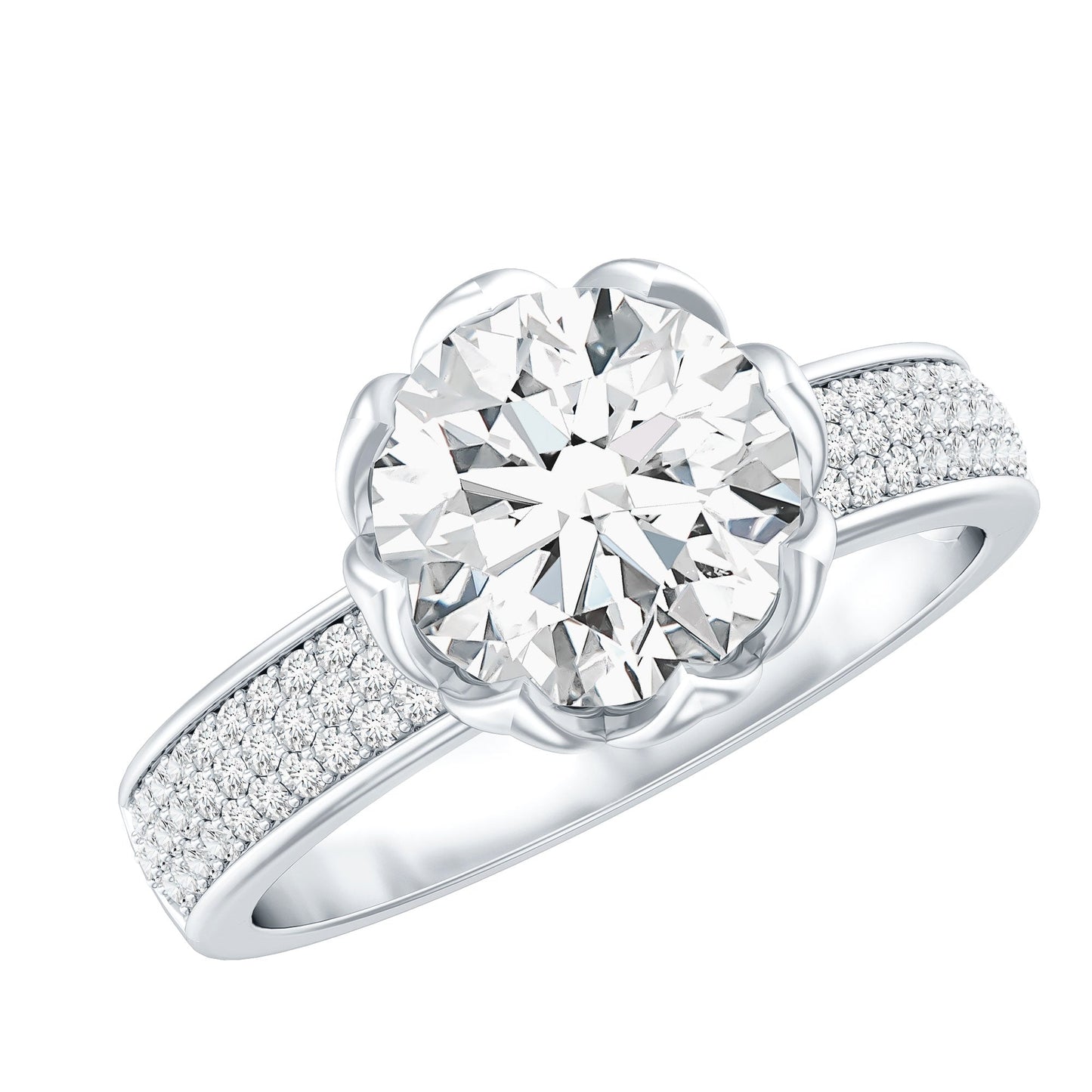 Lotus Basket Set Moissanite Engagement Ring with Side Stones